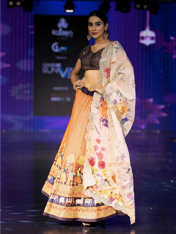 Embroidered Semi-Stitched Lehenga & Unstitched Blouse With Dupatta-Orange and black
