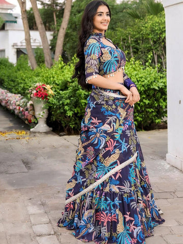 Floral Printed Semi-Stitched Lehenga & Unstitched Blouse With Dupatta-Navy blue and pink