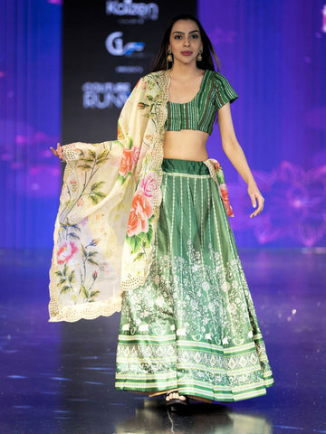 Embroidered Semi-Stitched Lehenga & Unstitched Blouse With Dupatta-Green and white