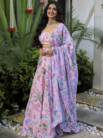 Printed Sequinned Semi-Stitched Lehenga & Unstitched Blouse With Dupatta-Pink and grey