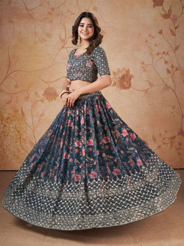 Embellished Sequinned Semi-Stitched Lehenga & Unstitched Blouse With Dupatta-Blue and green