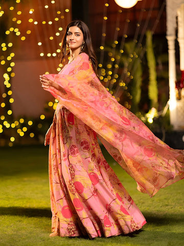 Printed Satin Semi-Stitched Lehenga & Unstitched Blouse With Dupatta-Peach, brown and yellow