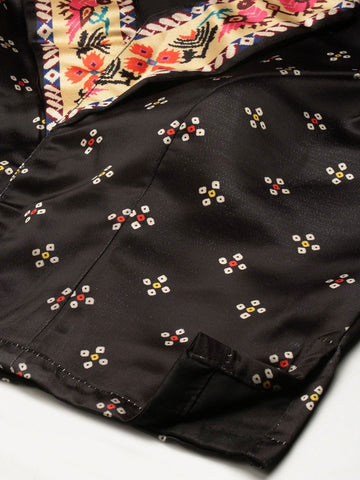 Printed Semi-Stitched Lehenga Choli-Black and beige