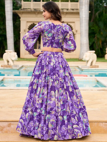 Printed Semi-Stitched Lehenga & Unstitched-Purple and green