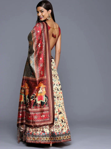 Women Printed Semi-Stitched Lehenga & Unstitched Blouse With Dupatta-Cream and maroon