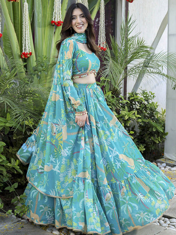 Floral Printed Semi-Stitched Lehenga & Unstitched Blouse With Dupatta-Sea green and green