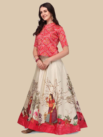 Printed Satin Semi-Stitched Lehenga & Unstitched Blouse-Red and cream