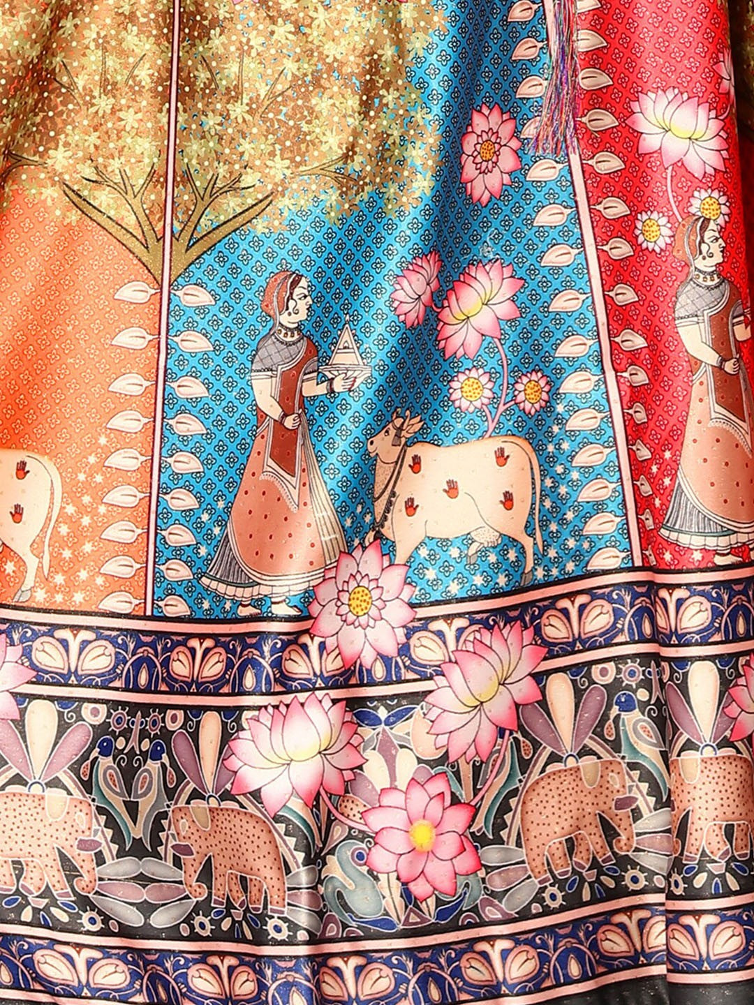 Printed Semi-Stitched Lehenga & Unstitched Blouse With Dupatta-Grey & Blue