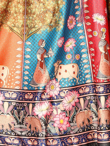 Printed Semi-Stitched Lehenga & Unstitched Blouse With Dupatta-Grey & Blue