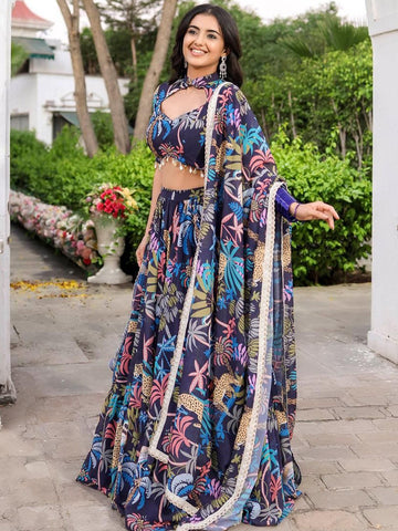 Floral Printed Semi-Stitched Lehenga & Unstitched Blouse With Dupatta-Navy blue and pink