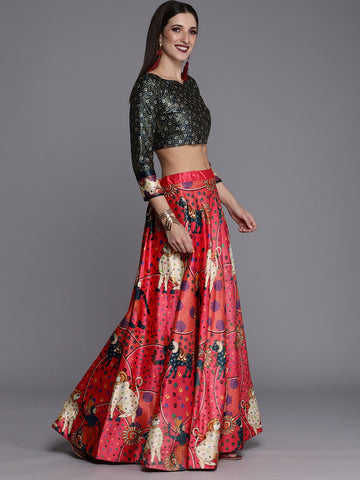 Printed Semi-Stitched Lehenga & Unstitched Choli-pink and black