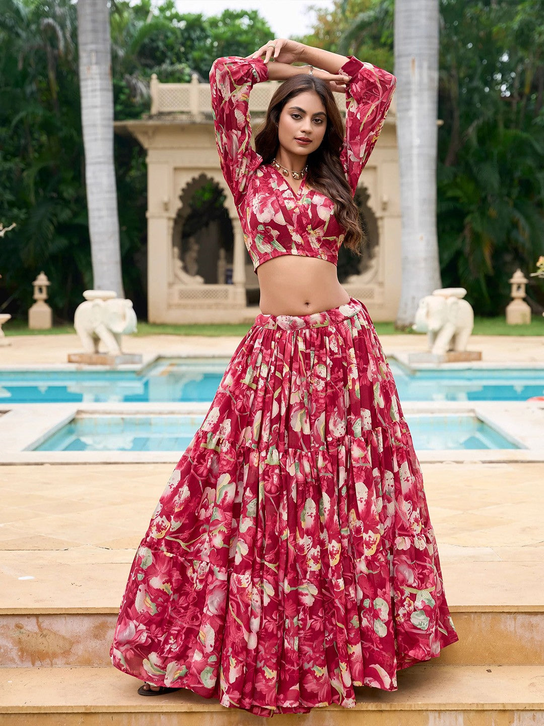Printed Semi-Stitched Lehenga & Unstitched-Red and green