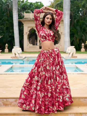 Printed Semi-Stitched Lehenga & Unstitched-Red and green