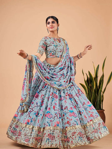 Embroidered Semi-Stitched Lehenga & Unstitched Blouse With Dupatta-Blue and pink
