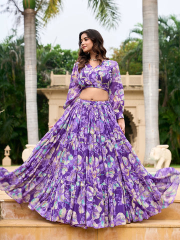 Printed Semi-Stitched Lehenga & Unstitched-Purple and green