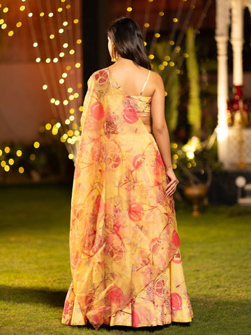Printed Satin Semi-Stitched Lehenga & Unstitched Blouse With Dupatta-Mustard and pink