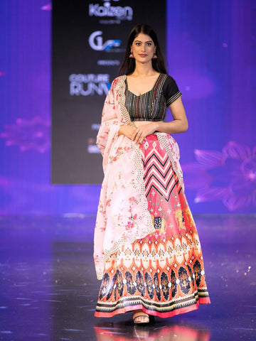Embroidered Semi-Stitched Lehenga & Unstitched Blouse With Dupatta-Pink and white