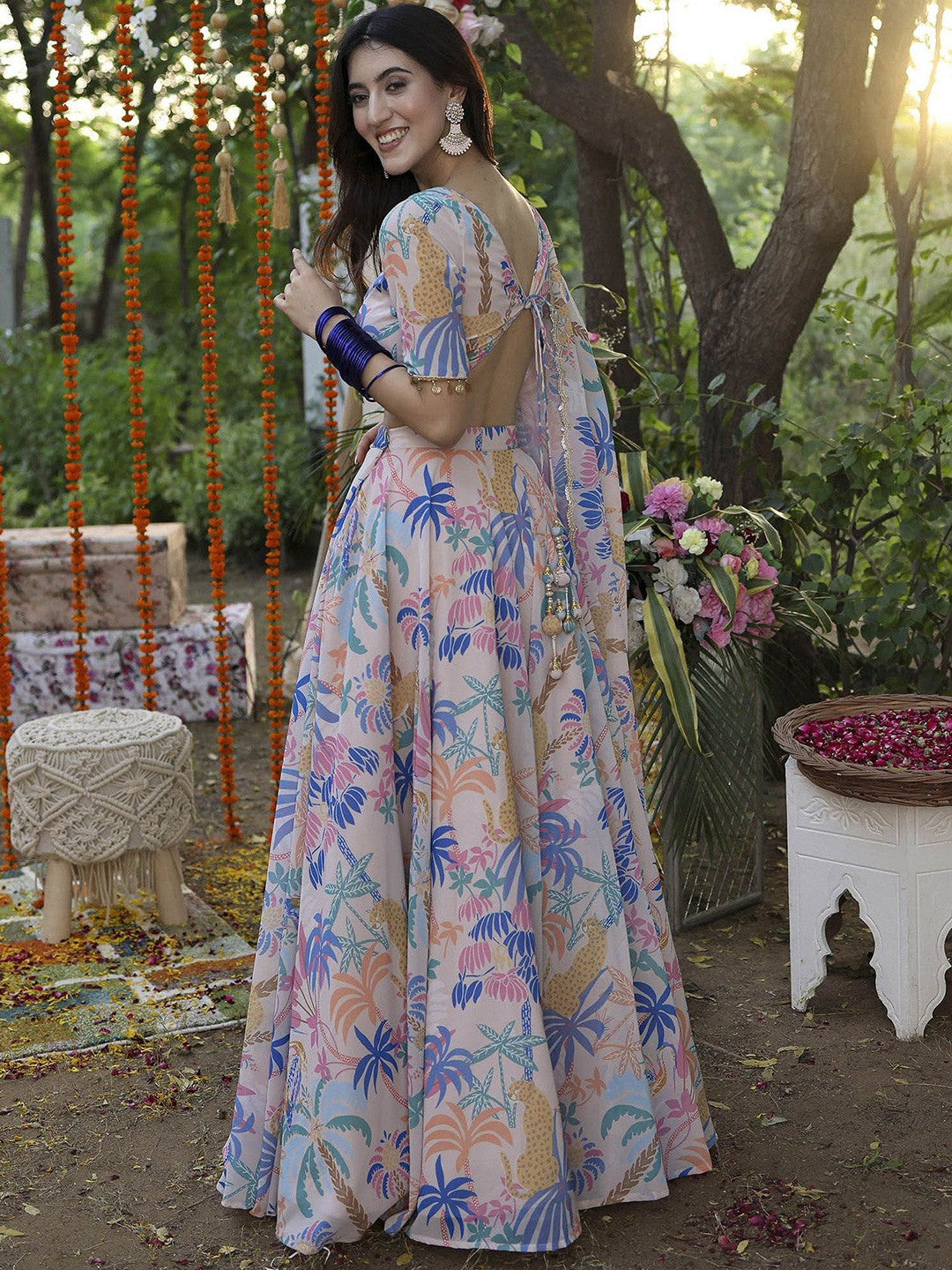 Floral Printed Semi-Stitched Lehenga & Unstitched Blouse With Dupatta-Pink and blue