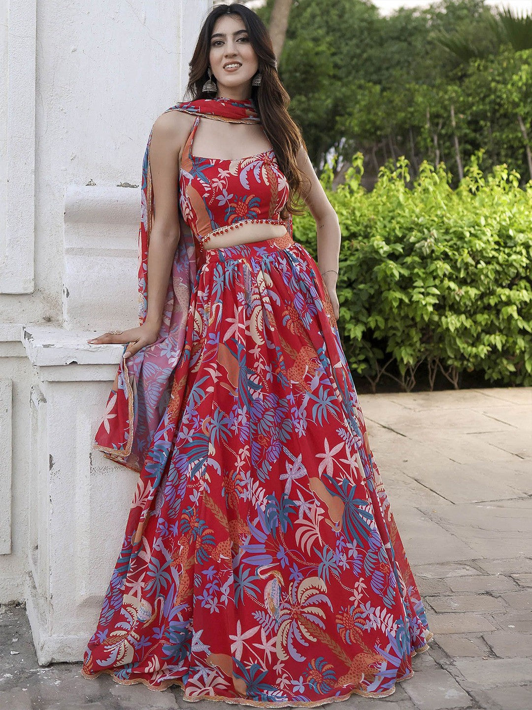 Floral Printed Semi-Stitched Lehenga & Unstitched Blouse With Dupatta-Red and blue