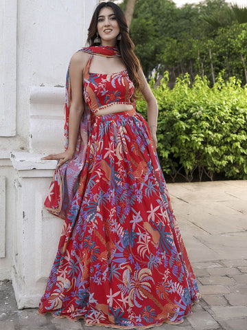 Floral Printed Semi-Stitched Lehenga & Unstitched Blouse With Dupatta-Red and blue