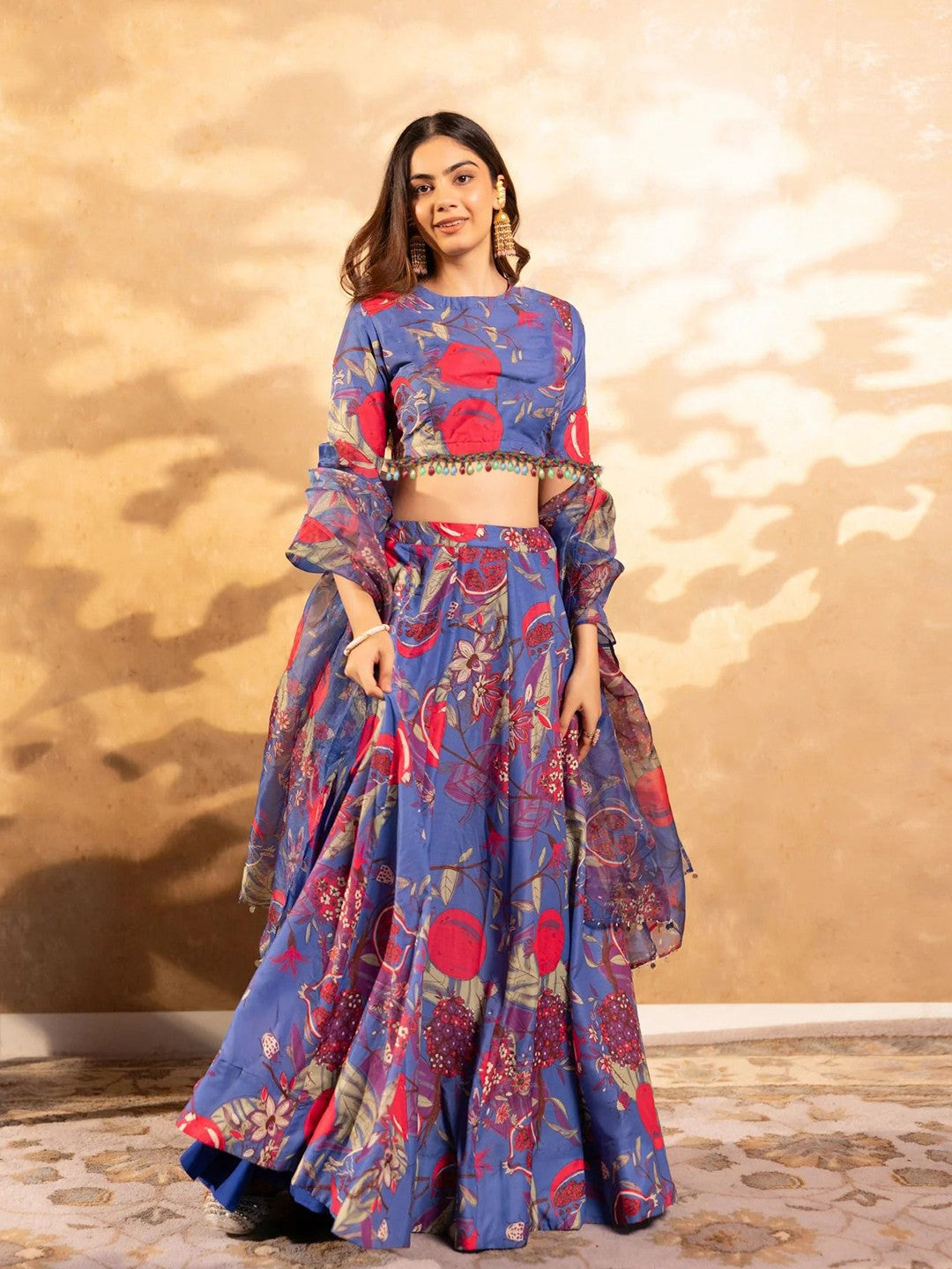 Printed Satin Semi-Stitched Lehenga & Unstitched Blouse With Dupatta-Blue, red and beige