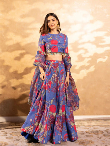 Printed Satin Semi-Stitched Lehenga & Unstitched Blouse With Dupatta-Blue, red and beige