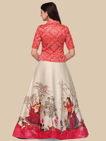 Printed Satin Semi-Stitched Lehenga & Unstitched Blouse-Red and cream