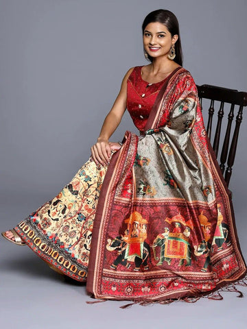 Women Printed Semi-Stitched Lehenga & Unstitched Blouse With Dupatta-Cream and maroon