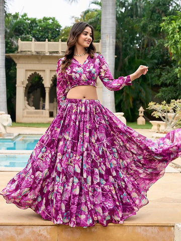 Printed Semi-Stitched Lehenga & Unstitched-Magenta and blue