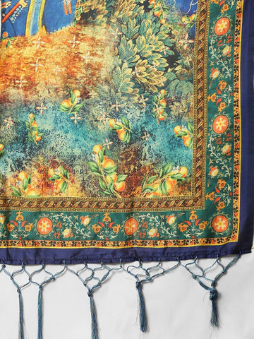 Printed Semi-Stitched Lehenga & Unstitched Blouse With Dupatta-blue and yellow