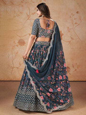 Embellished Sequinned Semi-Stitched Lehenga & Unstitched Blouse With Dupatta-Blue and green