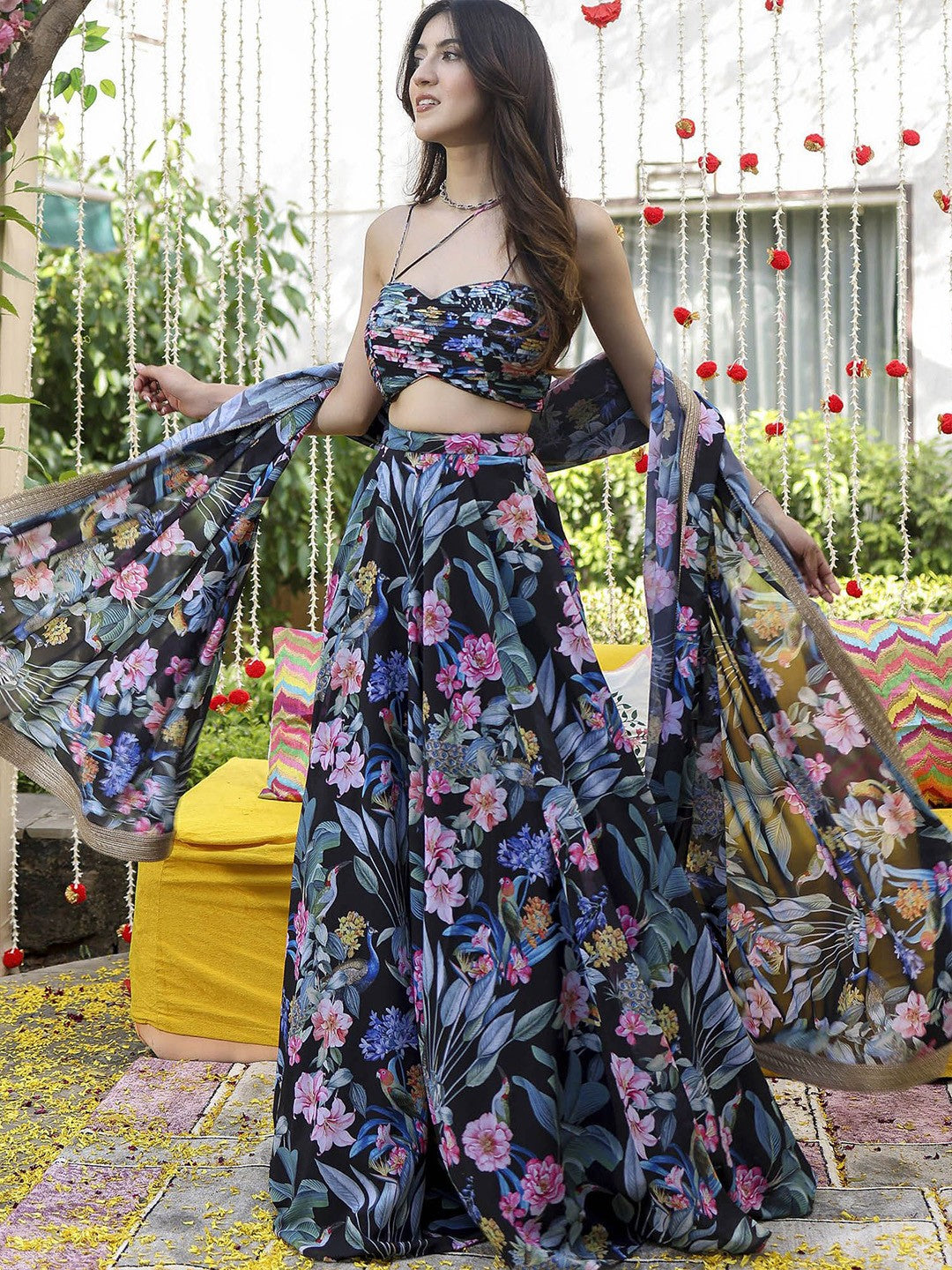 Printed Sequinned Semi-Stitched Lehenga & Unstitched Blouse With Dupatta-Black and pink