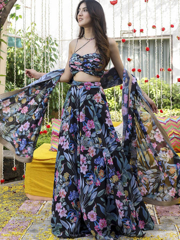 Printed Sequinned Semi-Stitched Lehenga & Unstitched Blouse With Dupatta-Black and pink