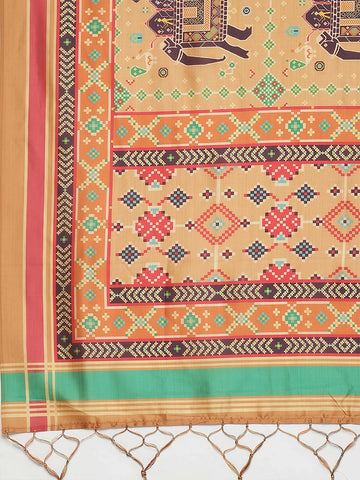 Printed Semi-Stitched Lehenga & Unstitched Blouse With Dupatta- cream and orange