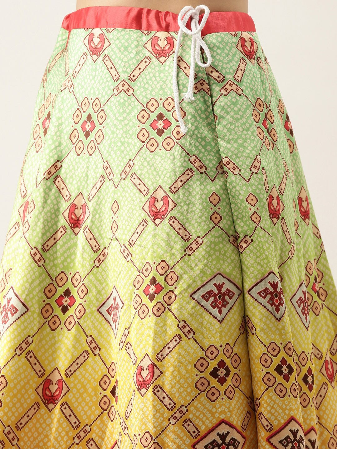 Printed Semi-Stitched Lehenga & Unstitched-Pink and green
