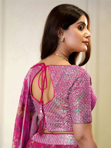 Embroidered Sequinned Semi-Stitched Lehenga & Unstitched Blouse With Dupatta-Pink