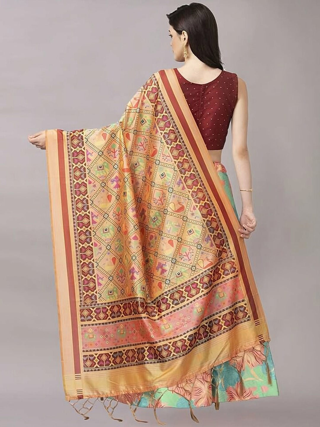 Green & Maroon Printed Sequinned Semi-Stitched Lehenga Choli