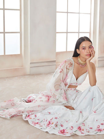 Printed Satin Semi-Stitched Lehenga & Unstitched Blouse With Dupatta-White and pink