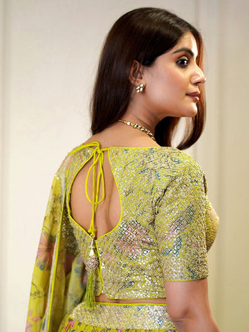 Embroidered Sequinned Semi-Stitched Lehenga & Unstitched Blouse & Dupatta-Green, teal and pink