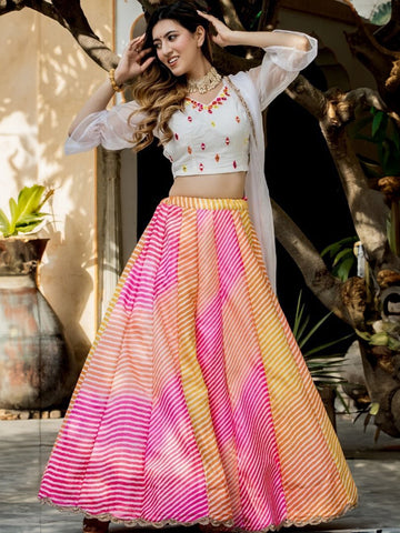 Embroidered Semi-Stitched Lehenga & Unstitched Blouse With Dupatta-Pink, yellow and white