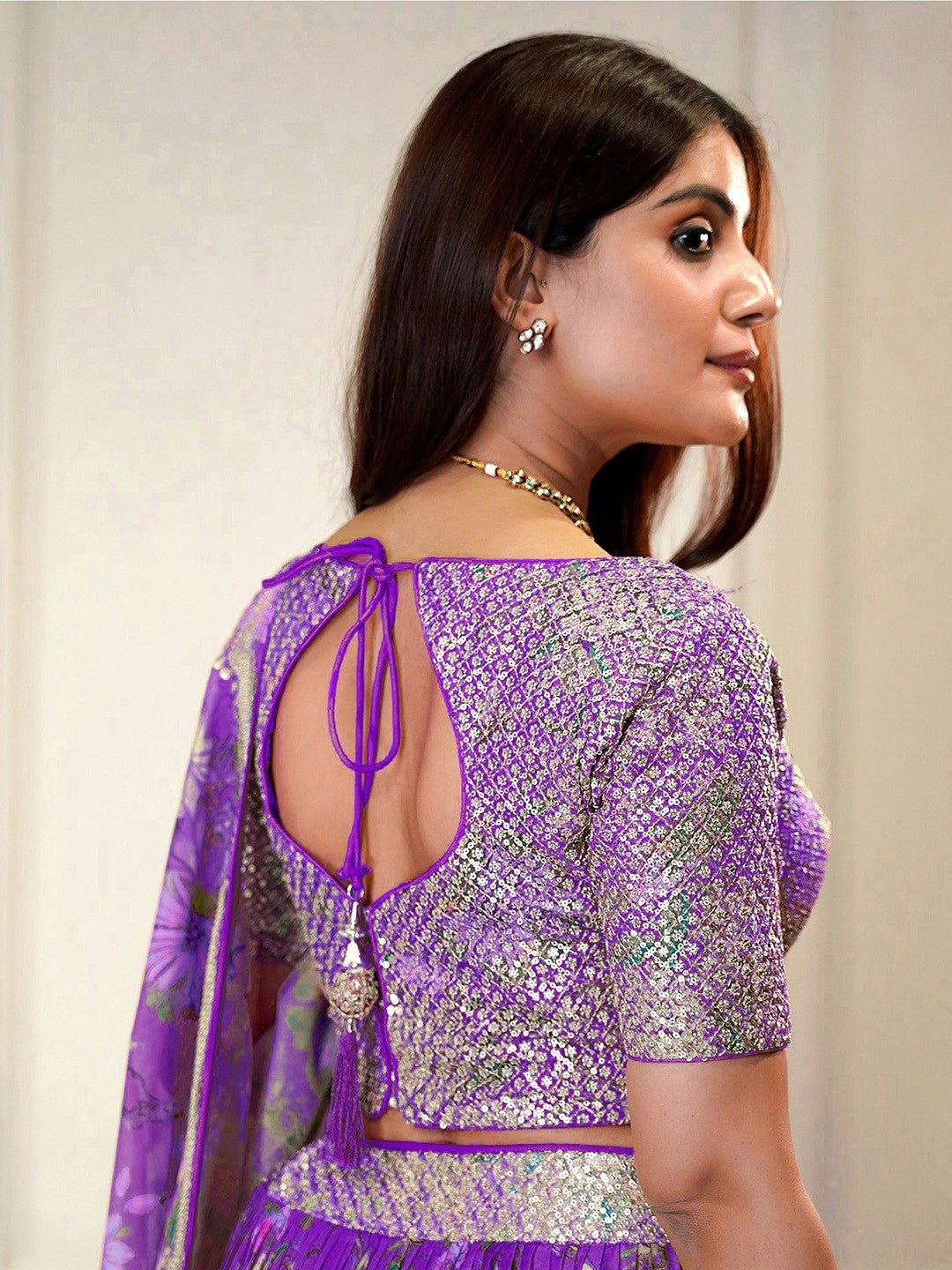 Embroidered Sequinned Semi-Stitched Lehenga & Unstitched Blouse With Dupatta-Purple