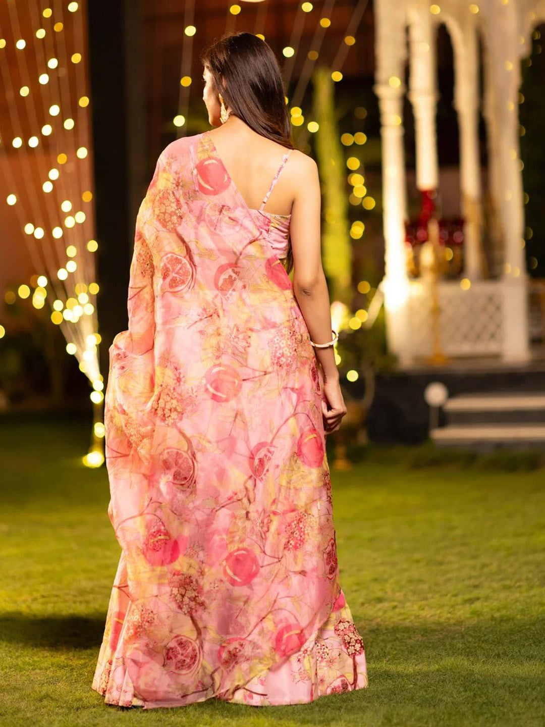 Printed Satin Semi-Stitched Lehenga & Unstitched Blouse With Dupatta-Peach, brown and yellow