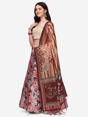 Printed Semi-Stitched Lehenga & Unstitched Blouse With Dupatta-Cream and maroon