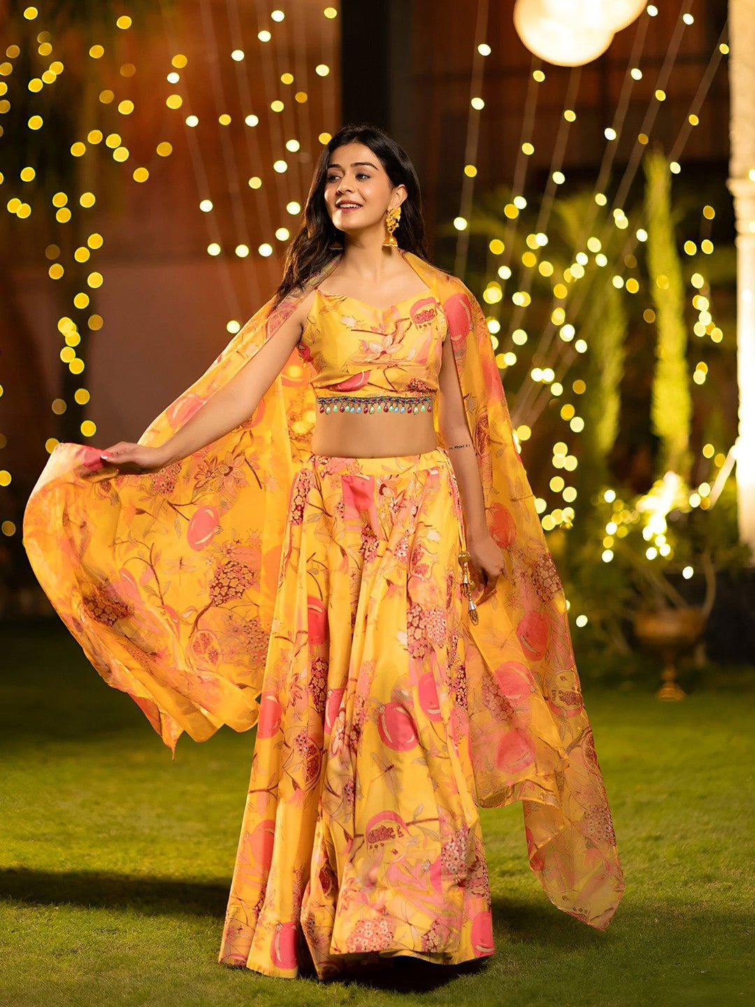 Printed Satin Semi-Stitched Lehenga & Unstitched Blouse With Dupatta-Mustard and pink