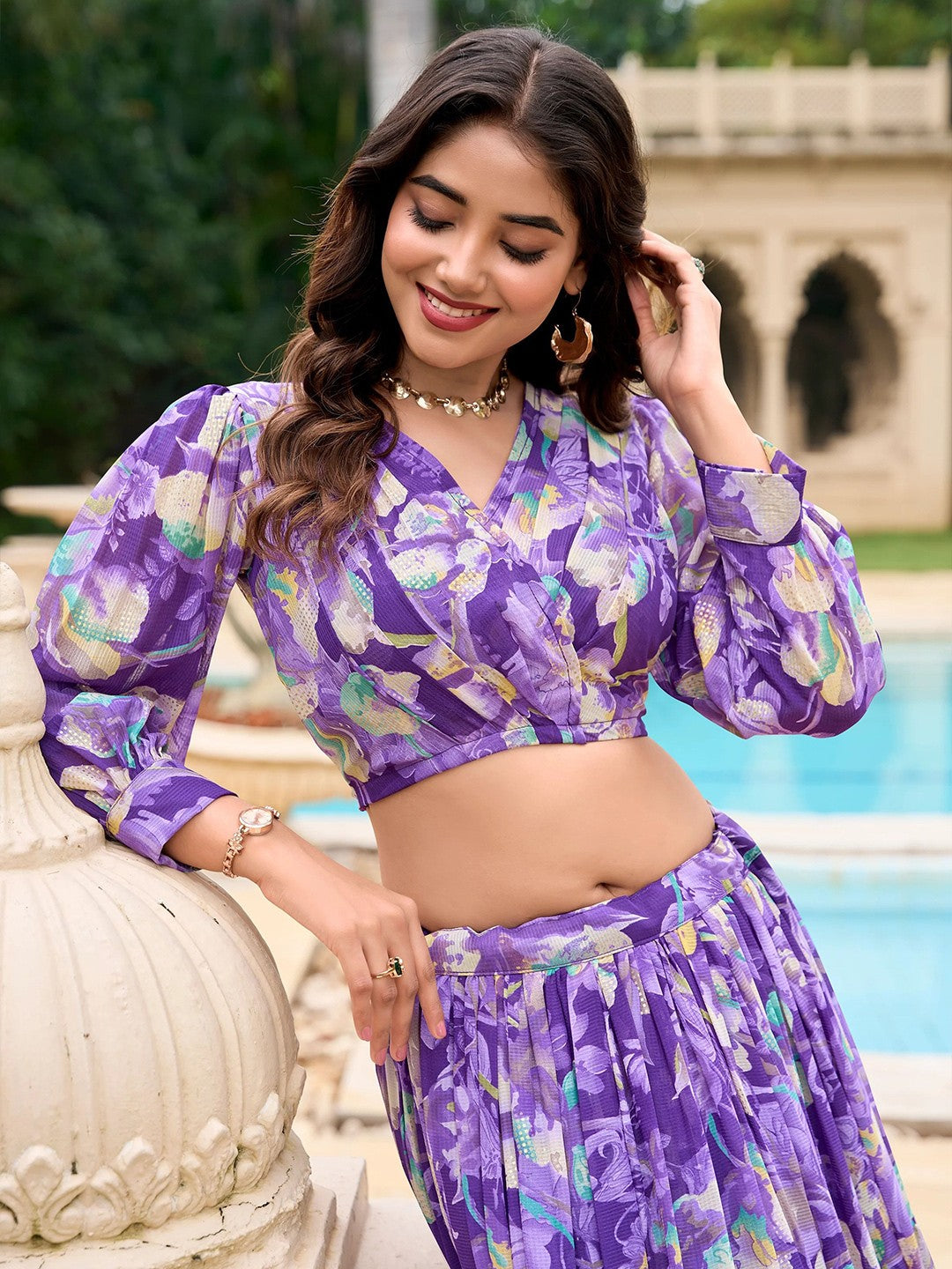 Printed Semi-Stitched Lehenga & Unstitched-Purple and green