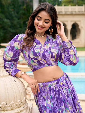 Printed Semi-Stitched Lehenga & Unstitched-Purple and green