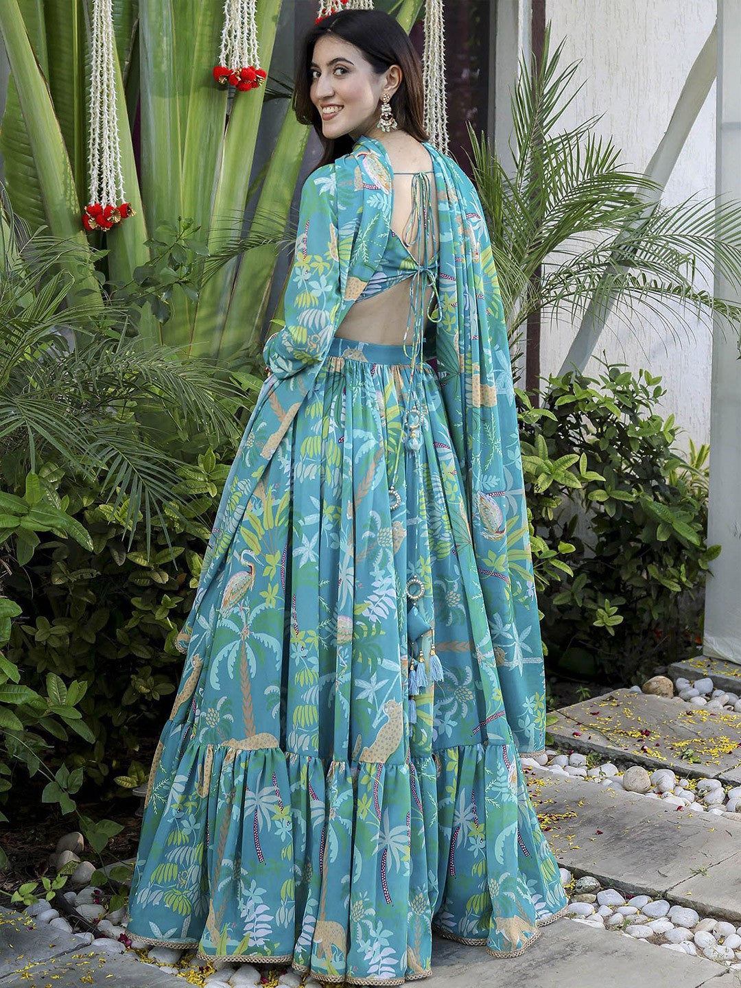 Floral Printed Semi-Stitched Lehenga & Unstitched Blouse With Dupatta-Sea green and green
