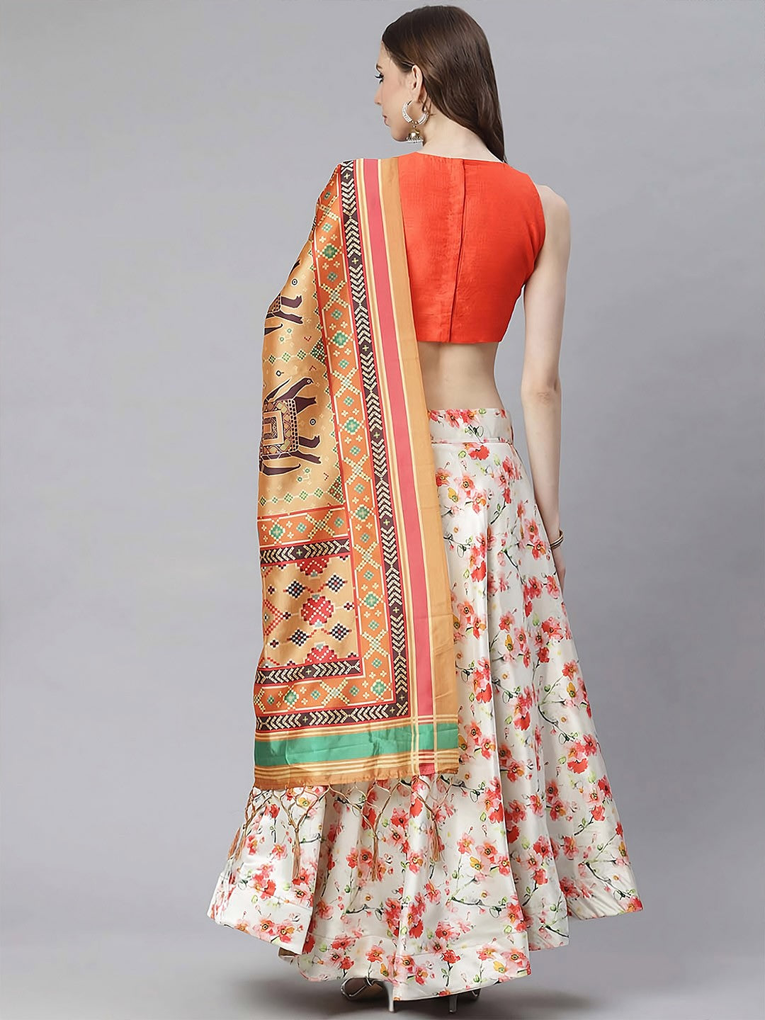 Printed Semi-Stitched Lehenga & Unstitched Blouse With Dupatta- cream and orange