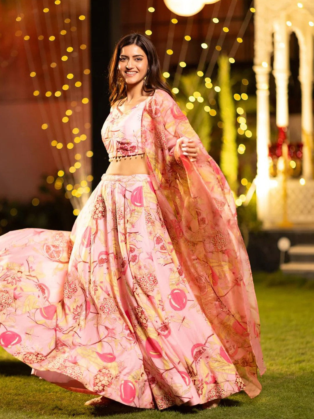 Printed Satin Semi-Stitched Lehenga & Unstitched Blouse With Dupatta-Peach, brown and yellow