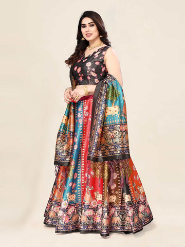 Printed Semi-Stitched Lehenga & Unstitched Blouse With Dupatta-Grey & Blue